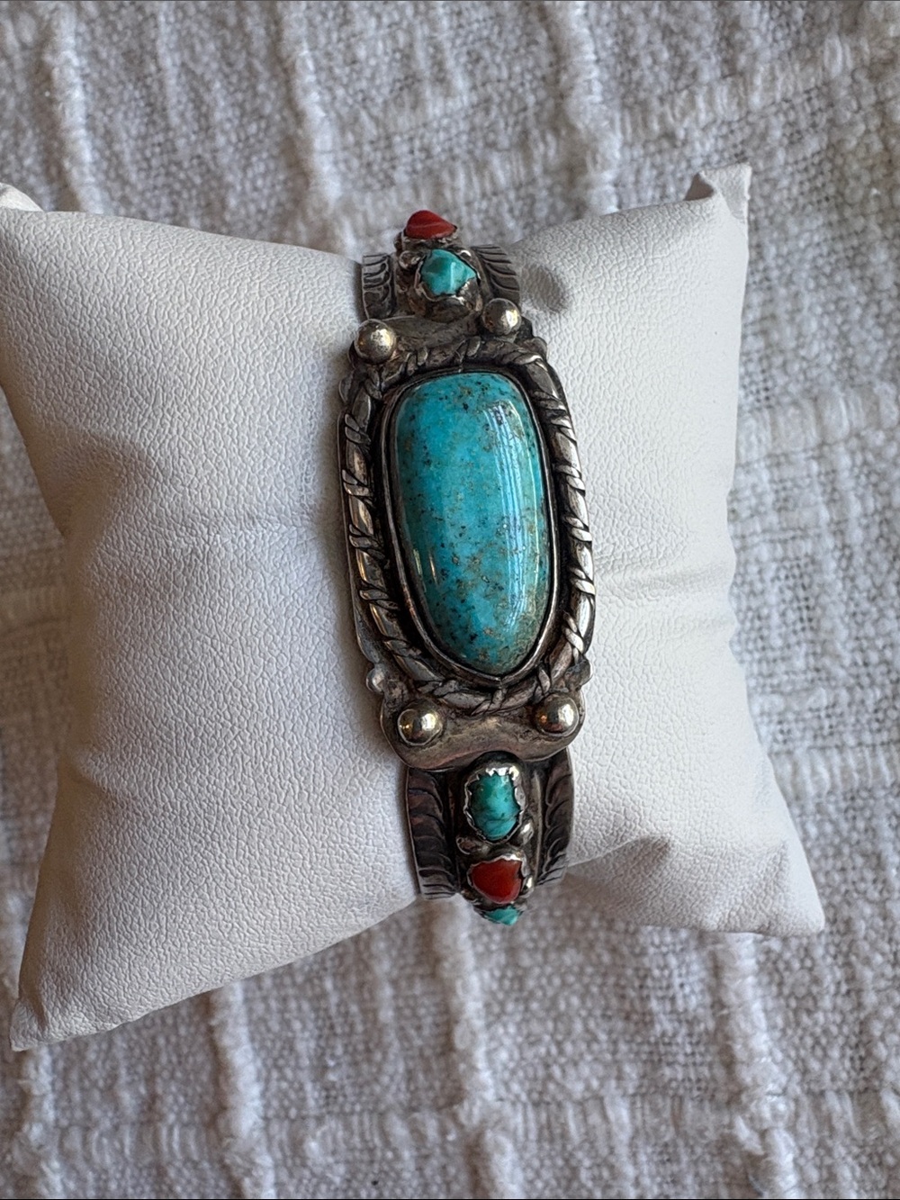 Old Pawn Navaho Sterling Silver Turquoise & Coral Childs Statement Cuff Bracelet
